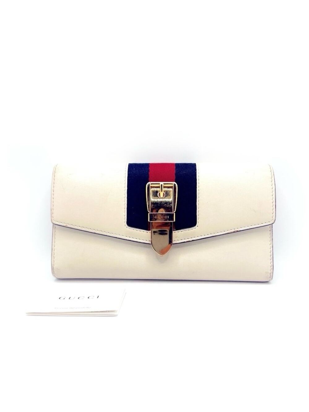 Authentic GUCCI Sylvie Stripe Gold Buckle Off White Leather Long Wallet Sherry